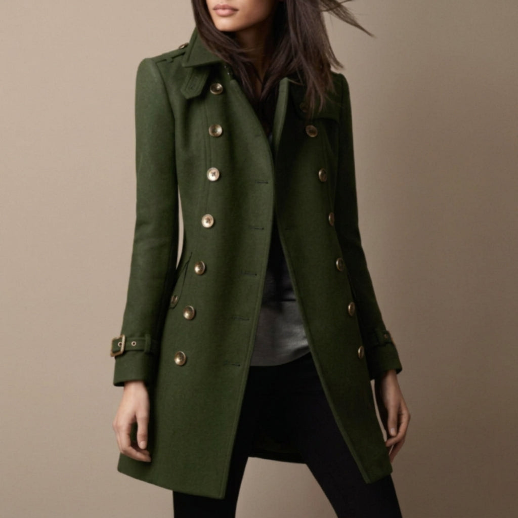Women's Double-Breasted Military Coat with Notch Lapel