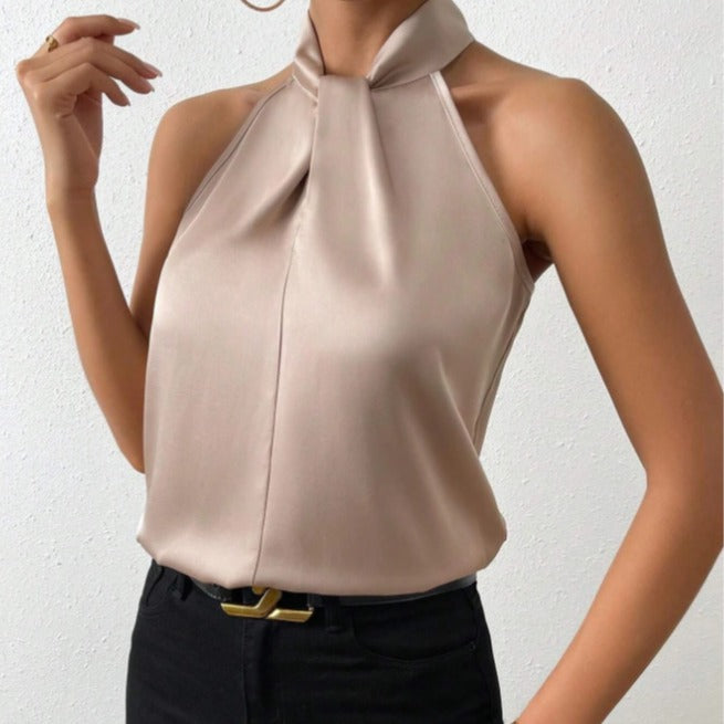 Women's Satin Twist-Front Halter Top