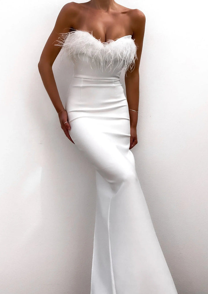 Aurora | Feather Trim Evening Maxi Dress