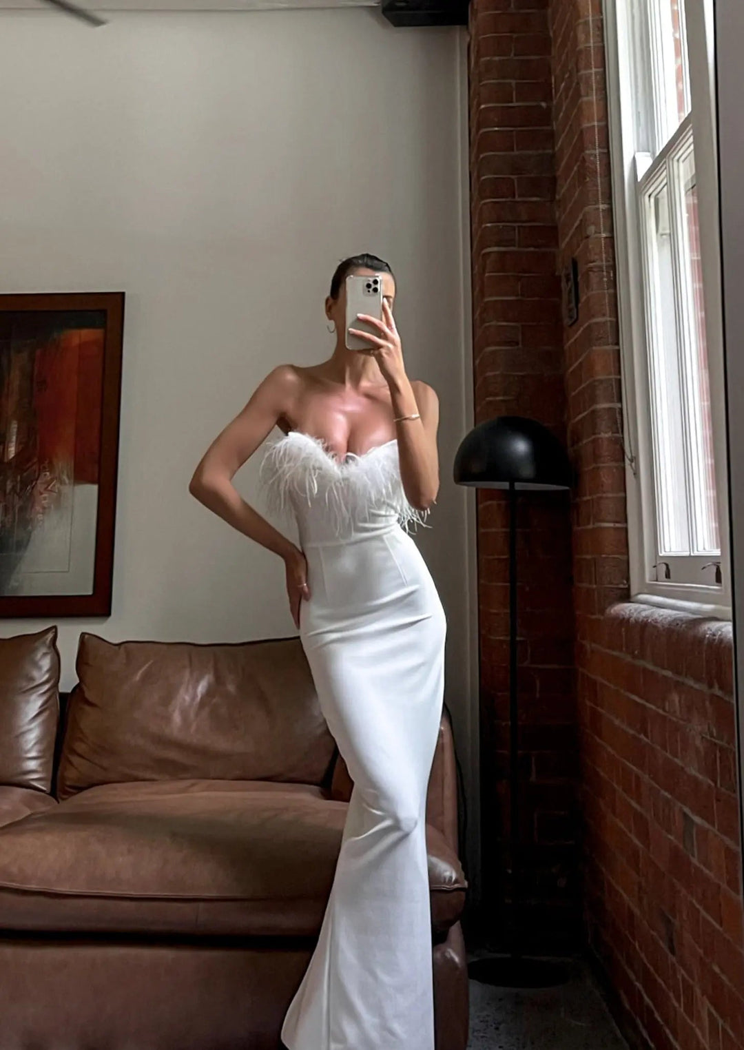 Aurora | Feather Trim Evening Maxi Dress