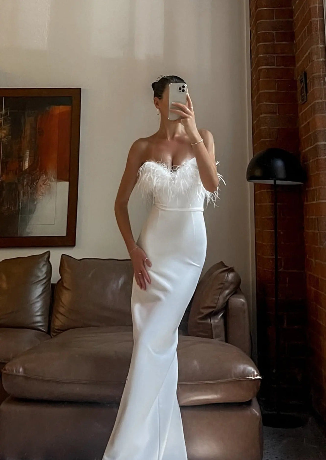 Aurora | Feather Trim Evening Maxi Dress