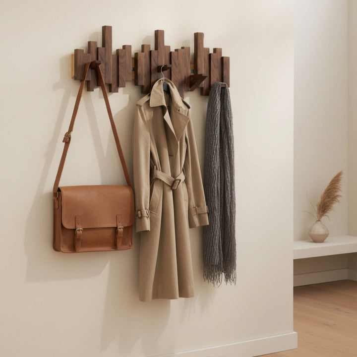 Wooden Wall Mounted Coat Rack with Foldable Hooks