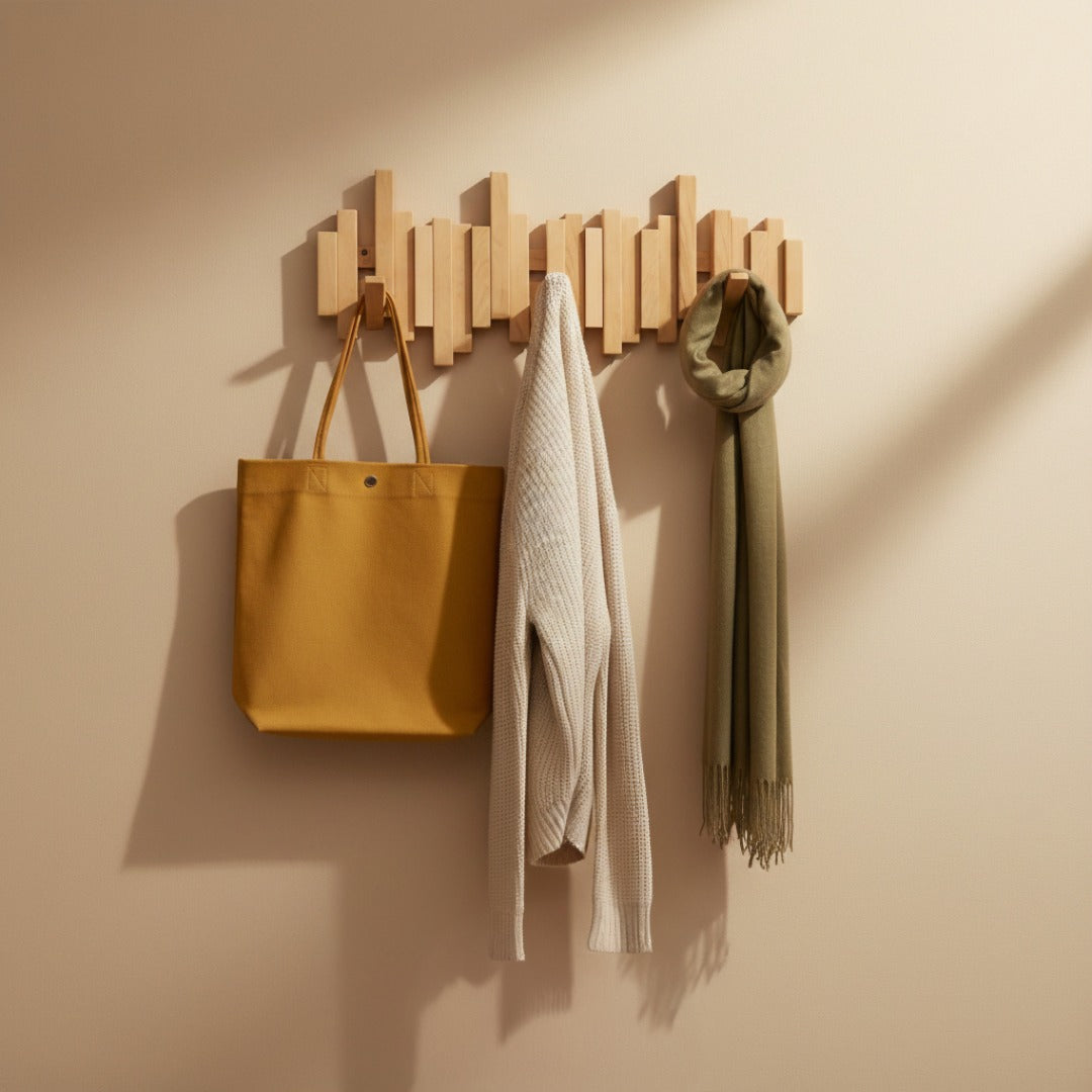 Wooden Wall Mounted Coat Rack with Foldable Hooks