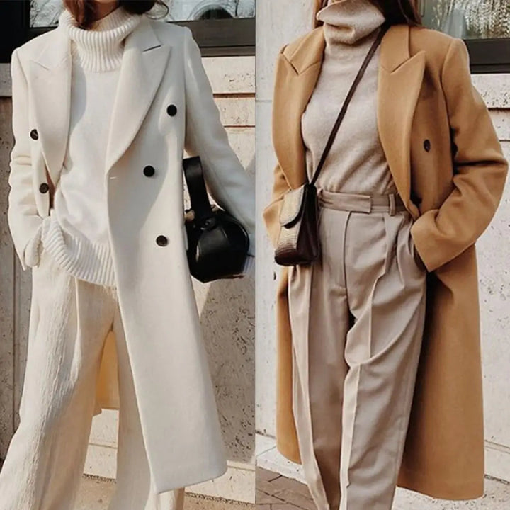 Women's Wool Midi Blazer with Double-Breasted Notched Lapel