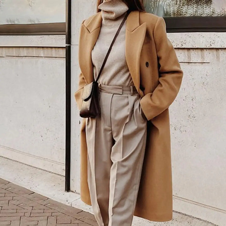 Women's Wool Midi Blazer with Double-Breasted Notched Lapel