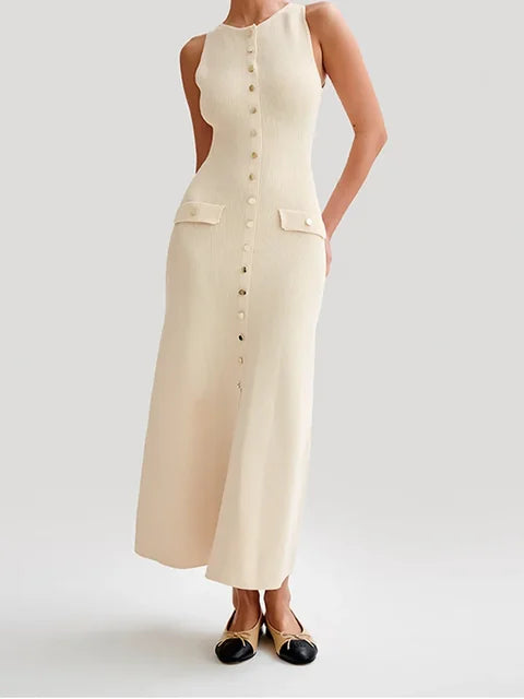 Elara | Button Front Sleeveless Knit Maxi Dress