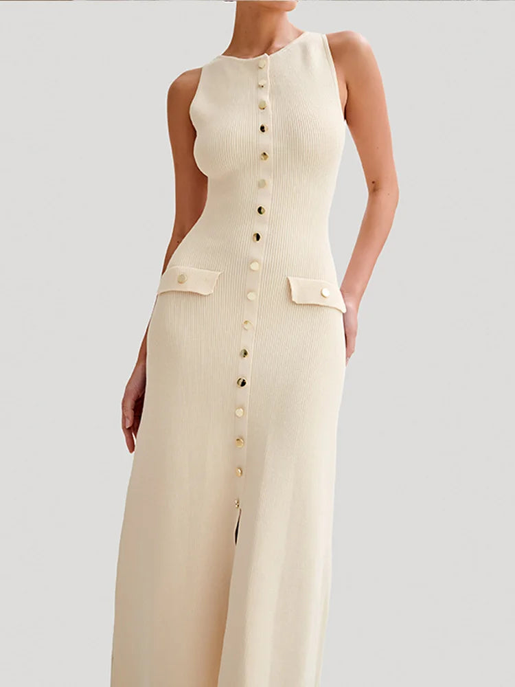 Elara | Button Front Sleeveless Knit Maxi Dress