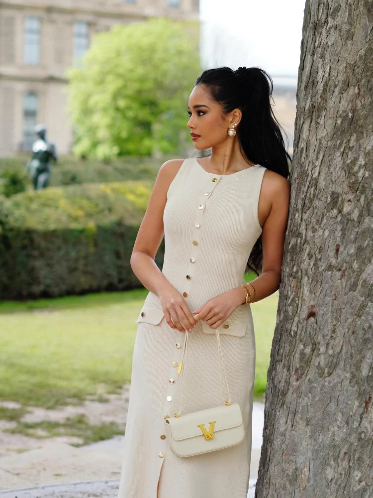 Elara | Button Front Sleeveless Knit Maxi Dress