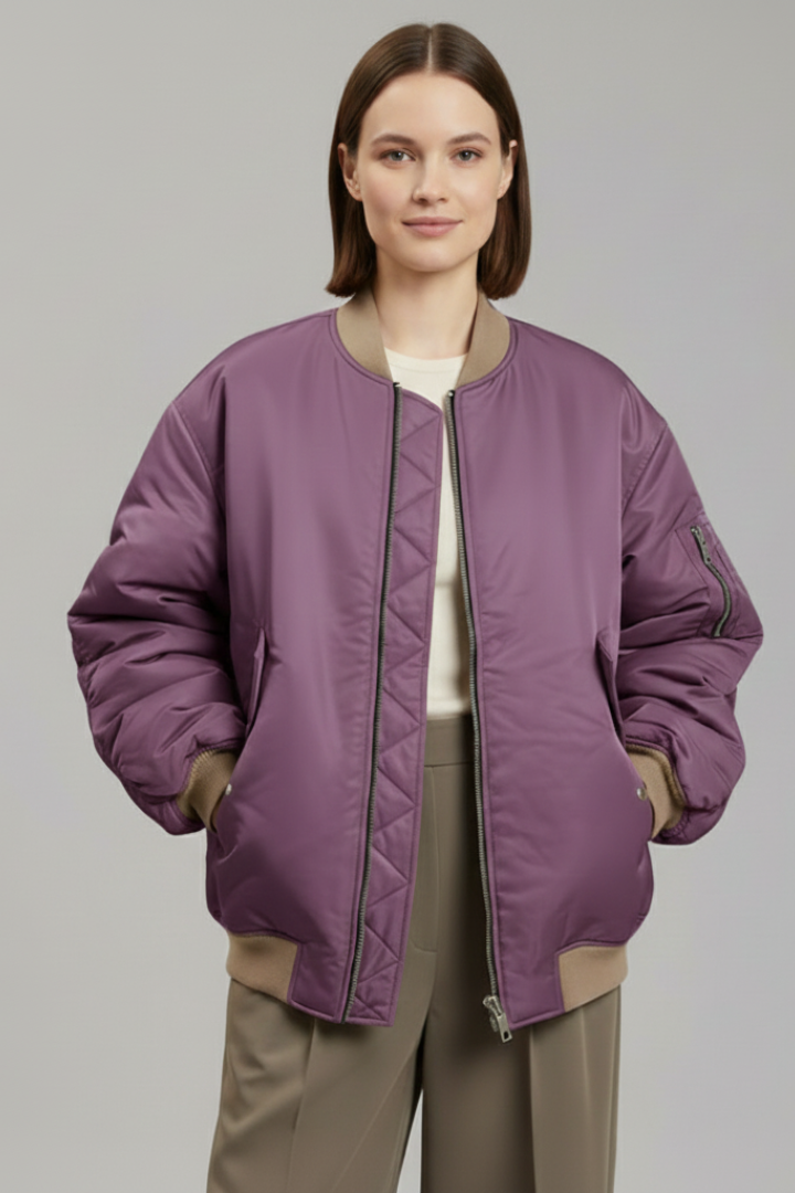 Lucia | Oversized Zip Front Bomber Jacket
