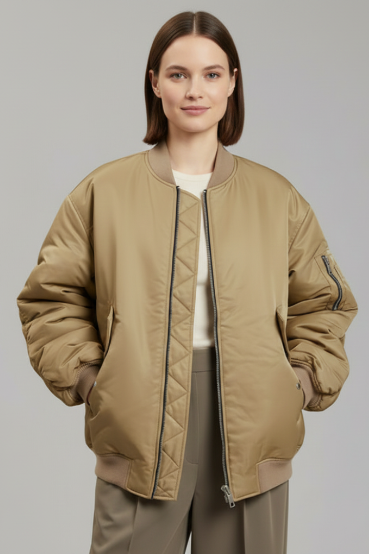 Lucia | Oversized Zip Front Bomber Jacket