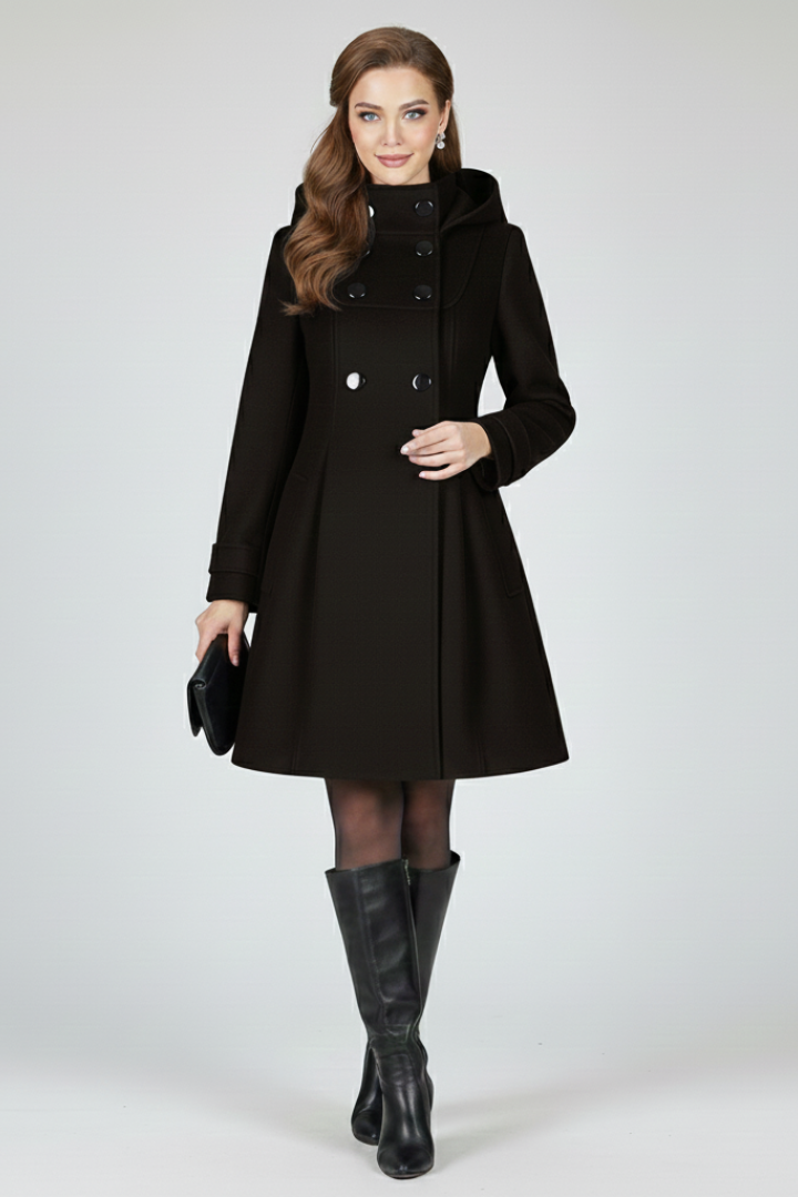 Women's Hooded A-Line Coat with Double Button Front