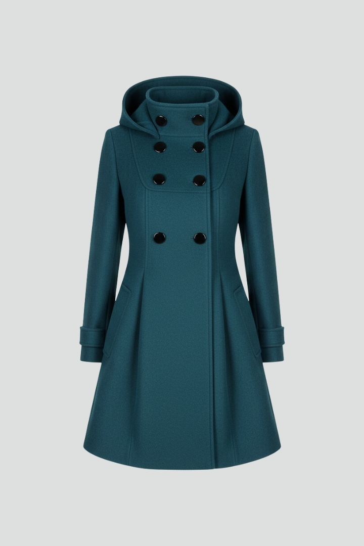 Women's Hooded A-Line Coat with Double Button Front