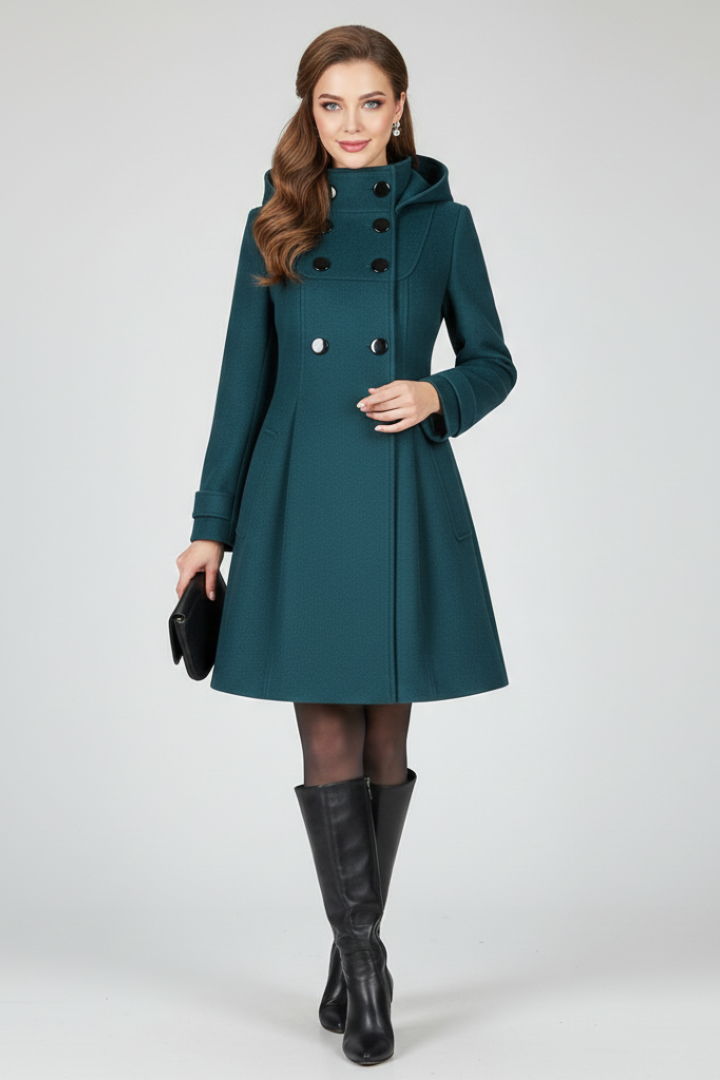 Women's Hooded A-Line Coat with Double Button Front