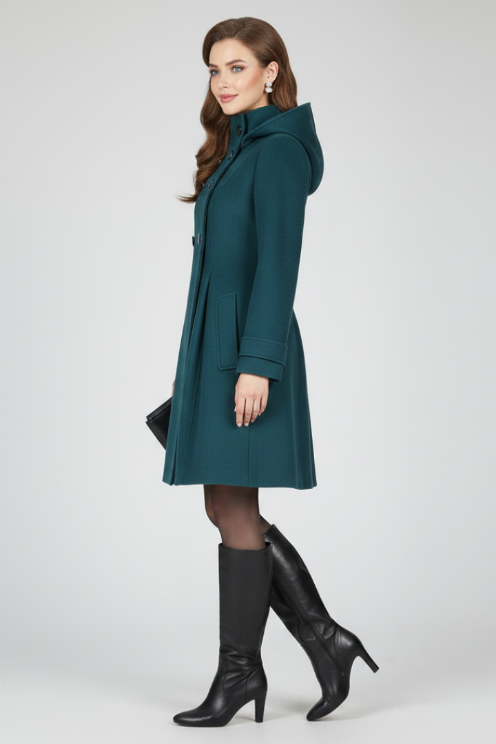 Women's Hooded A-Line Coat with Double Button Front