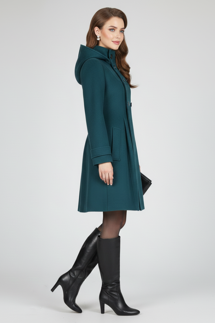Women's Hooded A-Line Coat with Double Button Front