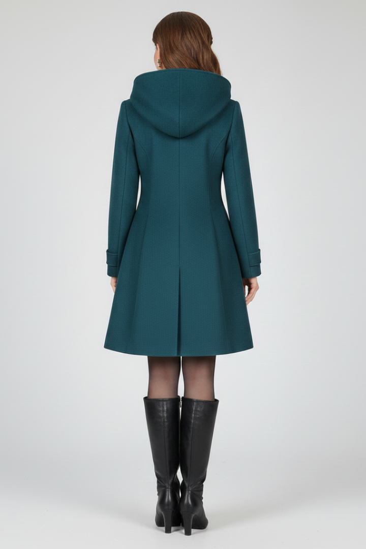 Women's Hooded A-Line Coat with Double Button Front