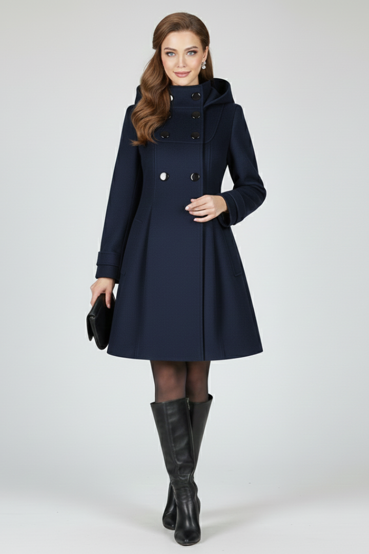 Women's Hooded A-Line Coat with Double Button Front