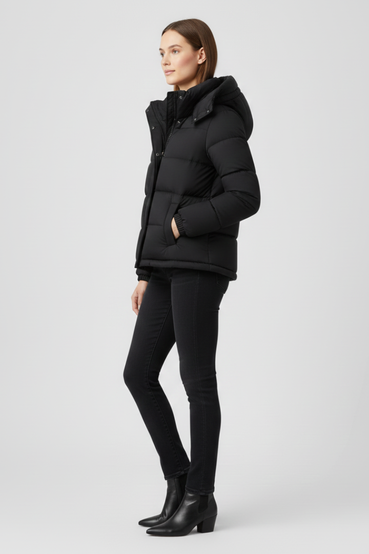 Women's Padded Puffer Jacket with Hood and Side Pockets
