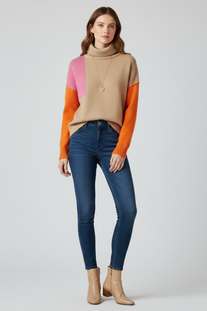 Color Block Turtleneck Knit Sweater
