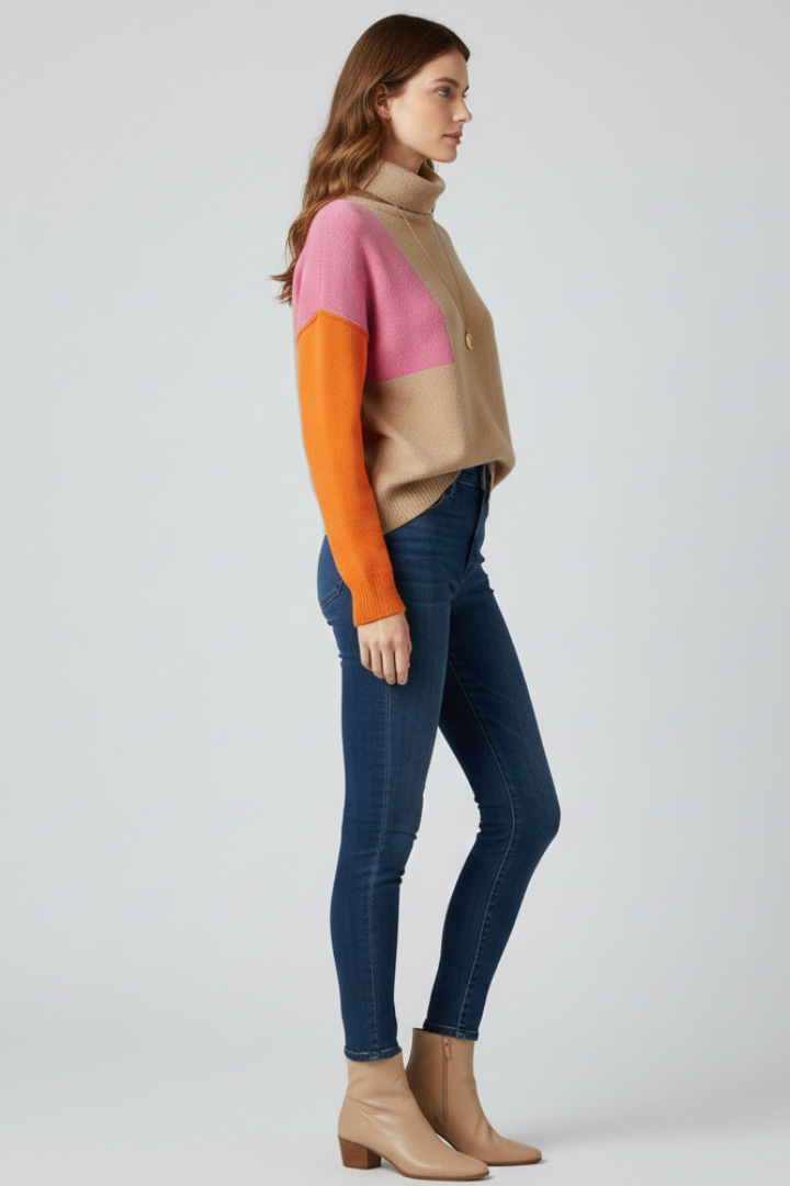 Color Block Turtleneck Knit Sweater