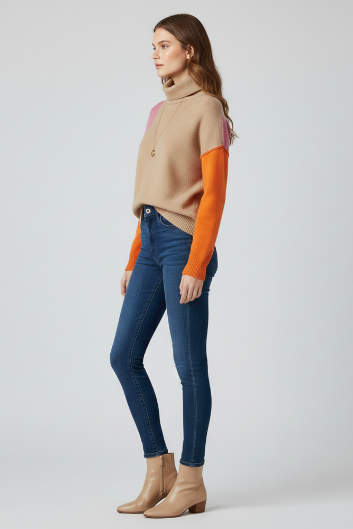 Color Block Turtleneck Knit Sweater