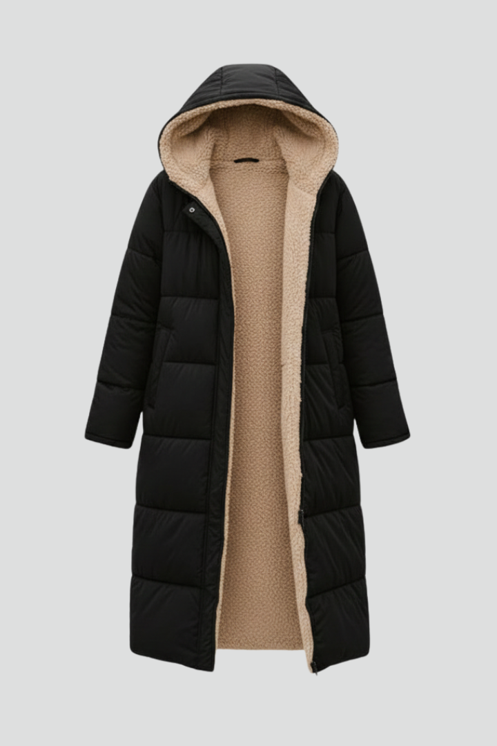 Women's Quilted Long Puffer Coat with Fleece-Lined Hood