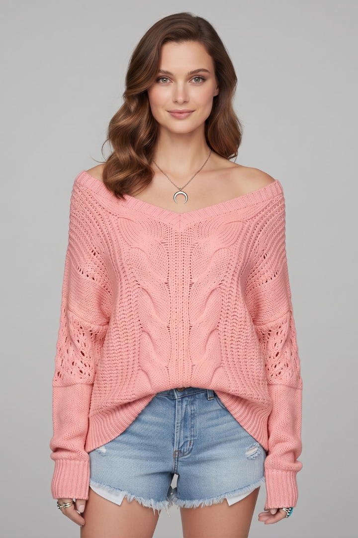 Off Shoulder Cable Knit Sweater for Women