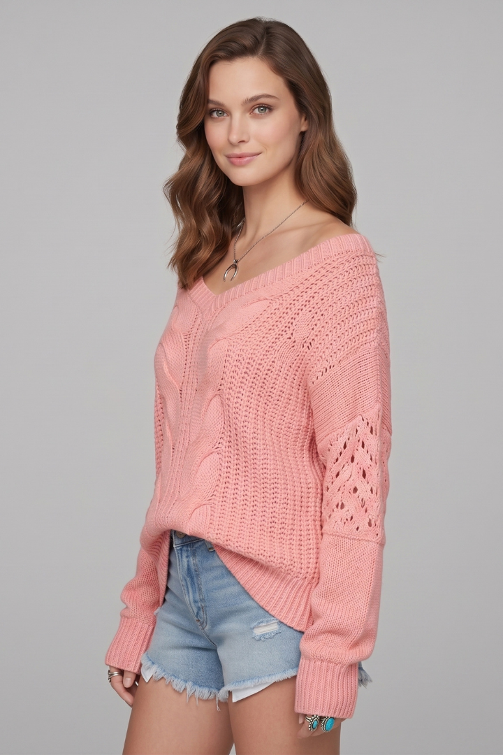 Off Shoulder Cable Knit Sweater for Women