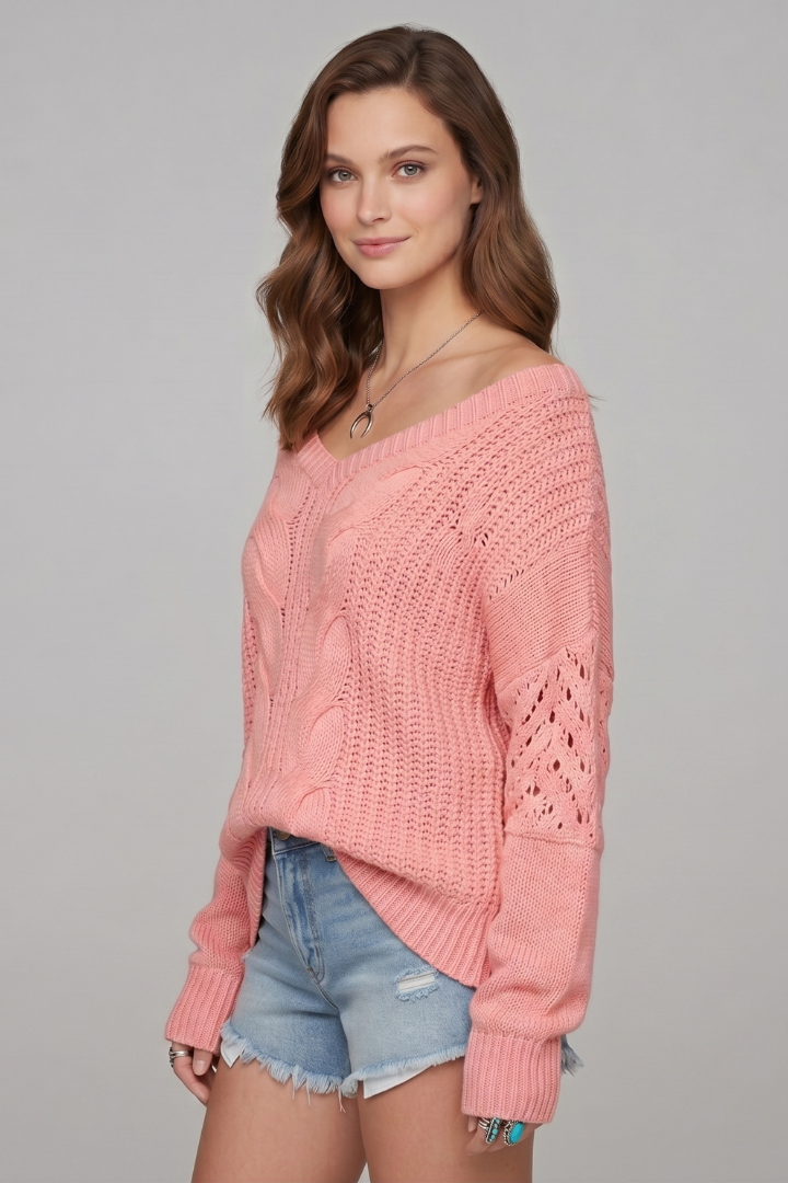 Off Shoulder Cable Knit Sweater for Women