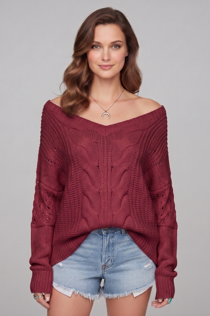 Off Shoulder Cable Knit Sweater for Women