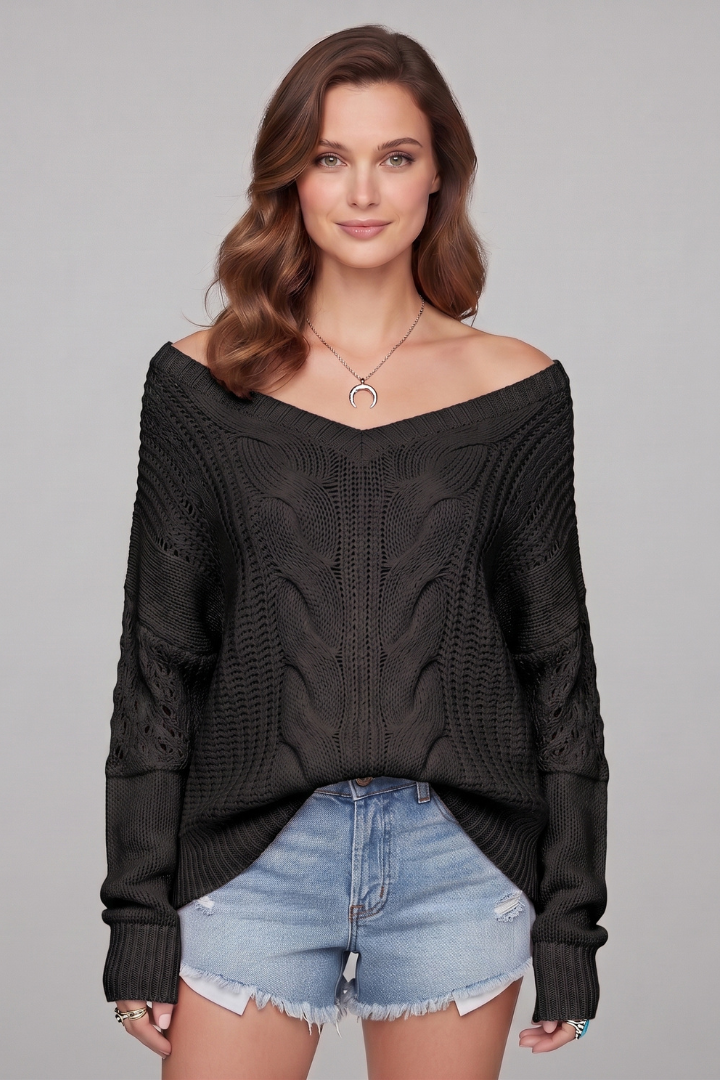 Off Shoulder Cable Knit Sweater for Women