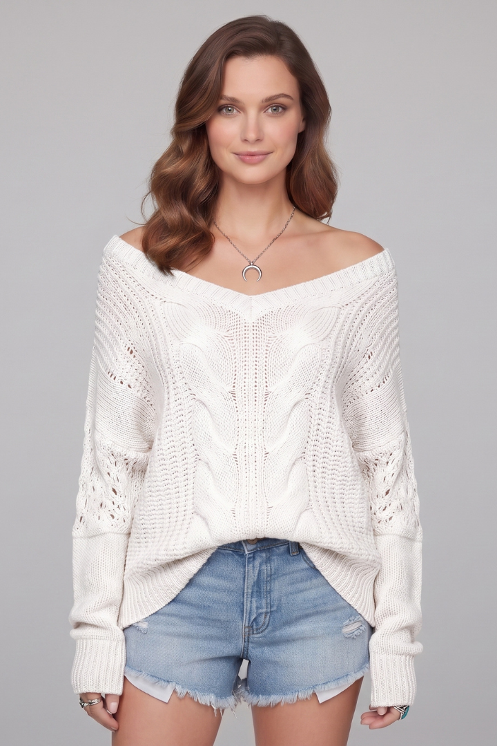 Off Shoulder Cable Knit Sweater for Women
