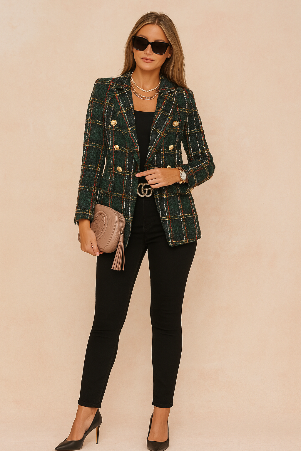 Checked Double Breasted Tweed Blazer