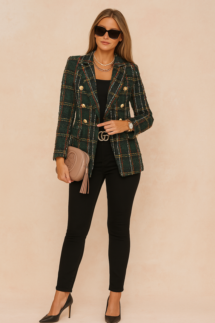 Checked Double Breasted Tweed Blazer