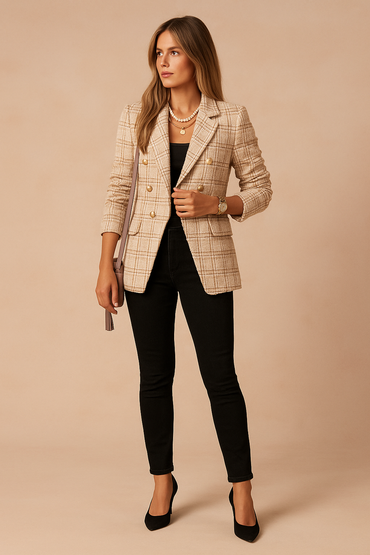 Checked Double Breasted Tweed Blazer