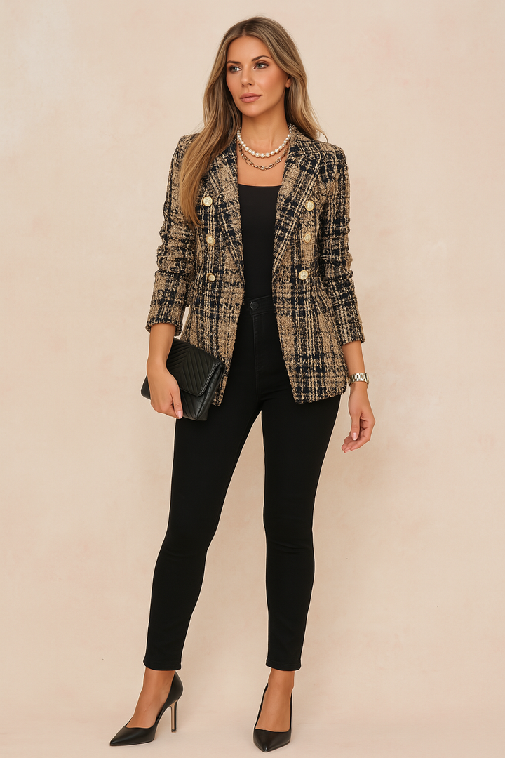 Checked Double Breasted Tweed Blazer