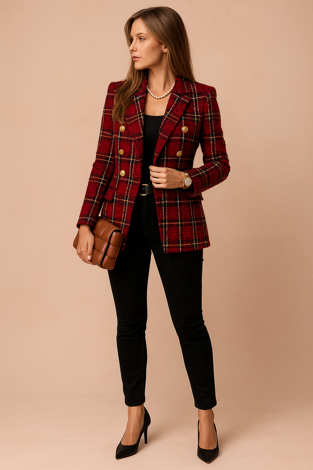Checked Double Breasted Tweed Blazer