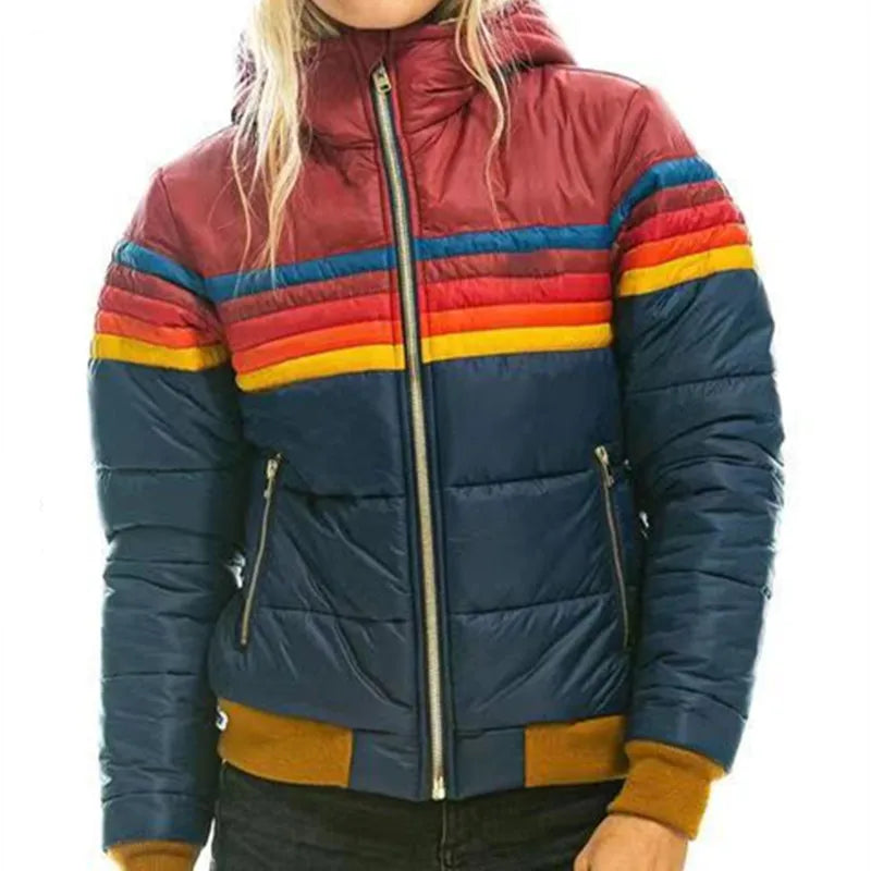 Retro Stripe Hooded Puffer Jacket for Women