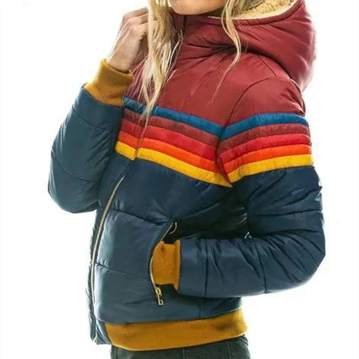 Retro Stripe Hooded Puffer Jacket for Women