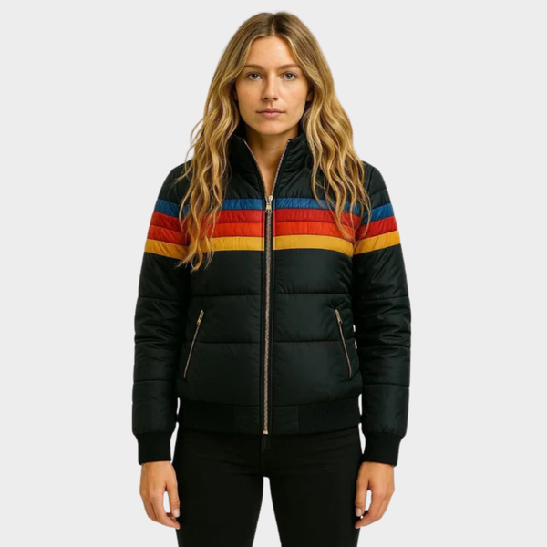 Retro Stripe Hooded Puffer Jacket for Women