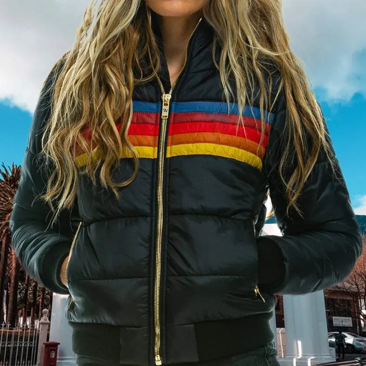 Retro Stripe Hooded Puffer Jacket for Women