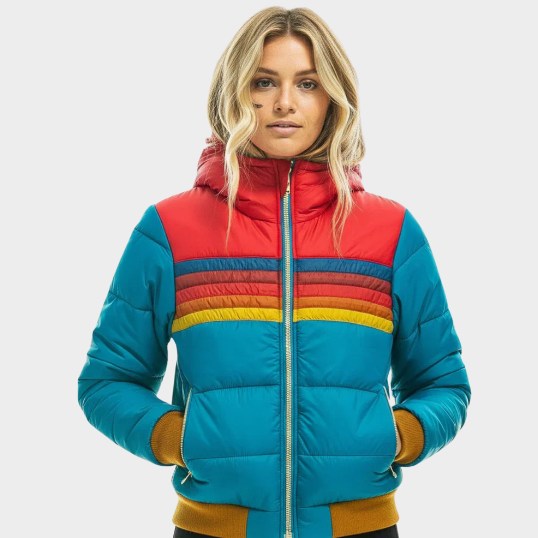 Retro Stripe Hooded Puffer Jacket for Women