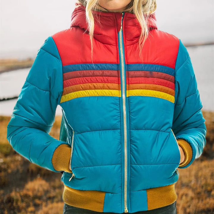 Retro Stripe Hooded Puffer Jacket for Women