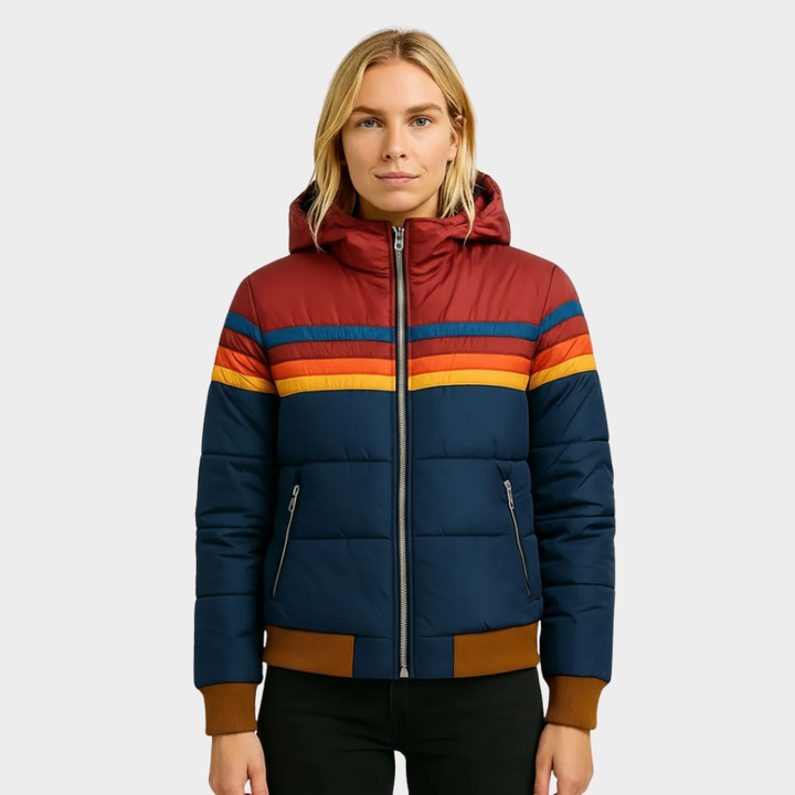 Retro Stripe Hooded Puffer Jacket for Women