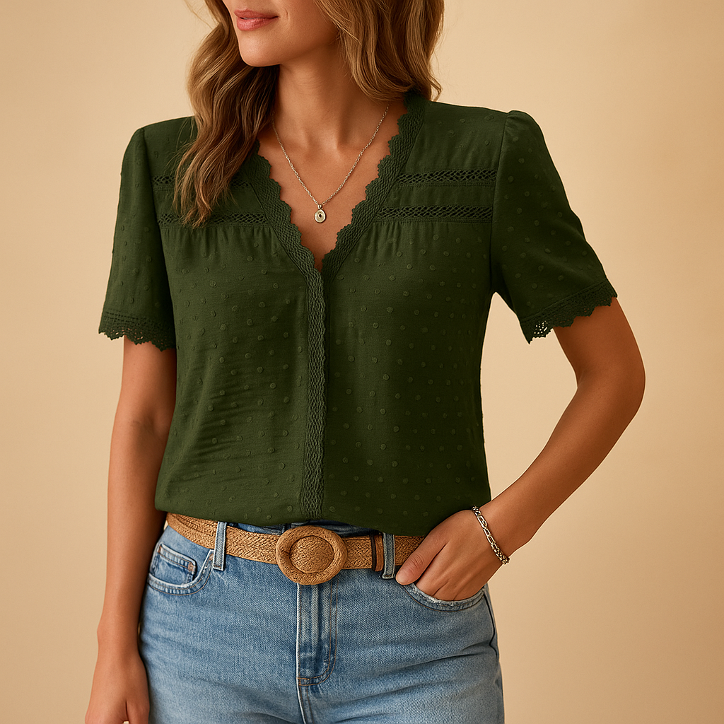 Women's Swiss Dot V-Neck Blouse with Lace Trim