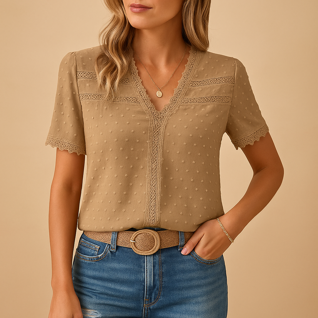 Women's Swiss Dot V-Neck Blouse with Lace Trim