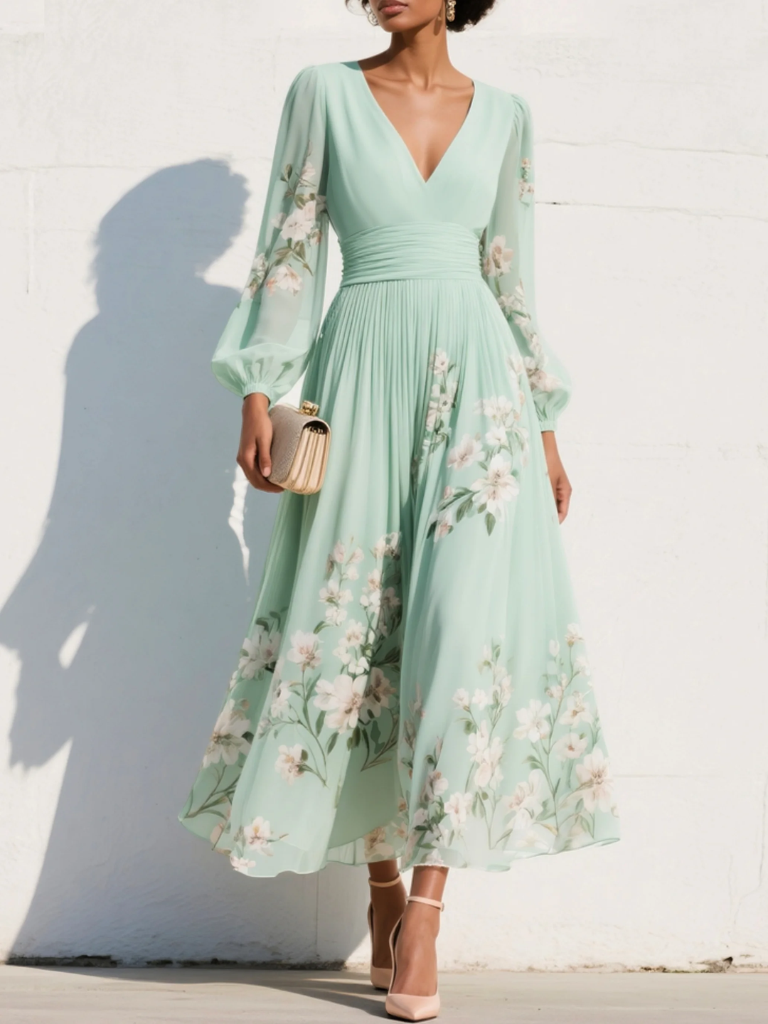 Women's Floral Maxi Dress with Balloon Sleeves