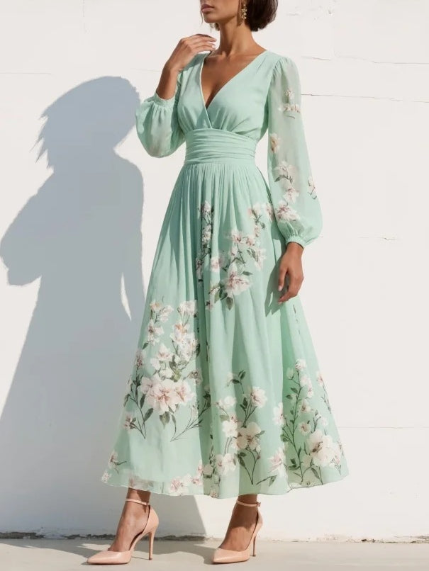 Women's Floral Maxi Dress with Balloon Sleeves