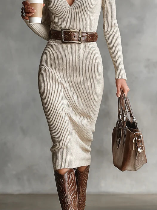 Emilia | Ribbed Knit V Neck Midi Dress