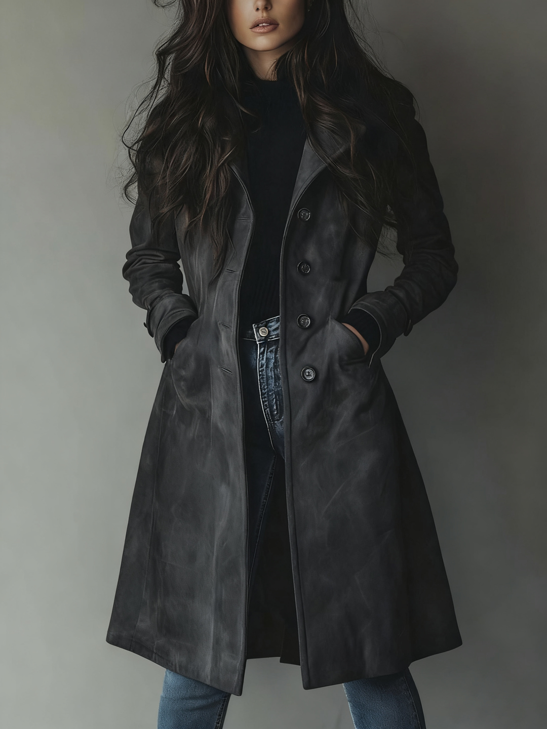 Women's Longline Trench Coat with Double-Breasted Front